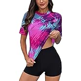 Halcurt Women's Built in Bra Rash Guard UPF 50 Two Piece Swimsuit Shirt and Board Shorts