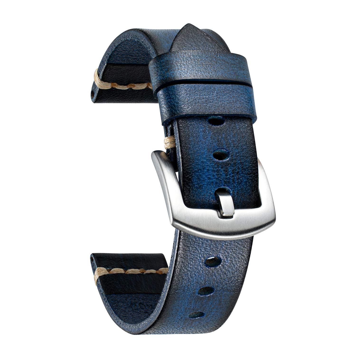 BINLUN Leather Watch Strap for Men Women, Handmade Vintage Leather Watch Band 18mm 20mm 22mm 24mm 26mm Replacement Retro Straps, Blue Watch Strap 26mm with Silver Stainless Steel Buckle