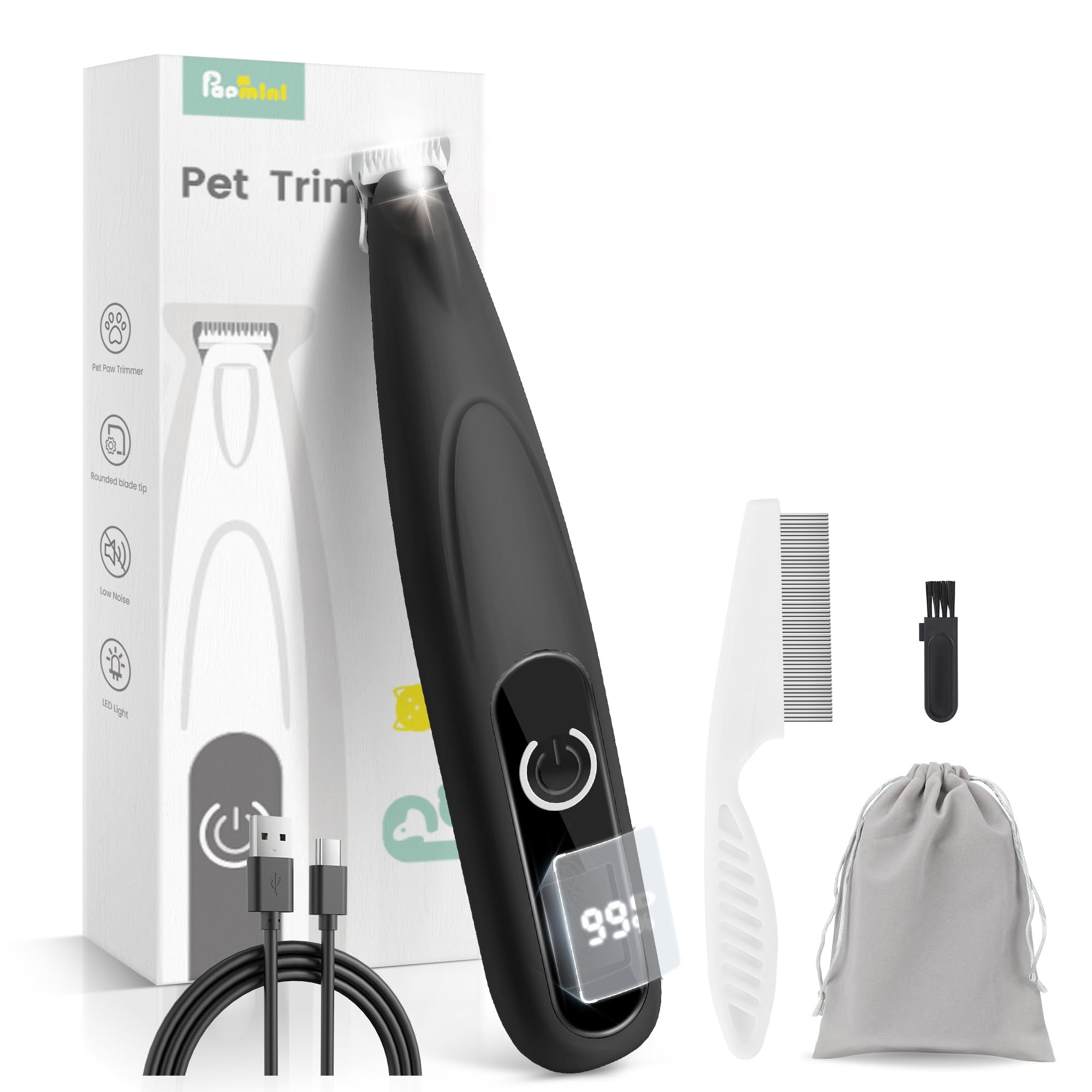 Cat Clippers with LED Display,35dB Ultra-Low Noise Cat Hair Ttimmer Shaver, Cordless Dog Paw Trimmer with LED Light,Type-C Rechargeable Cat Dog Clippers for Grooming for Paws, Ears, Face, Rump