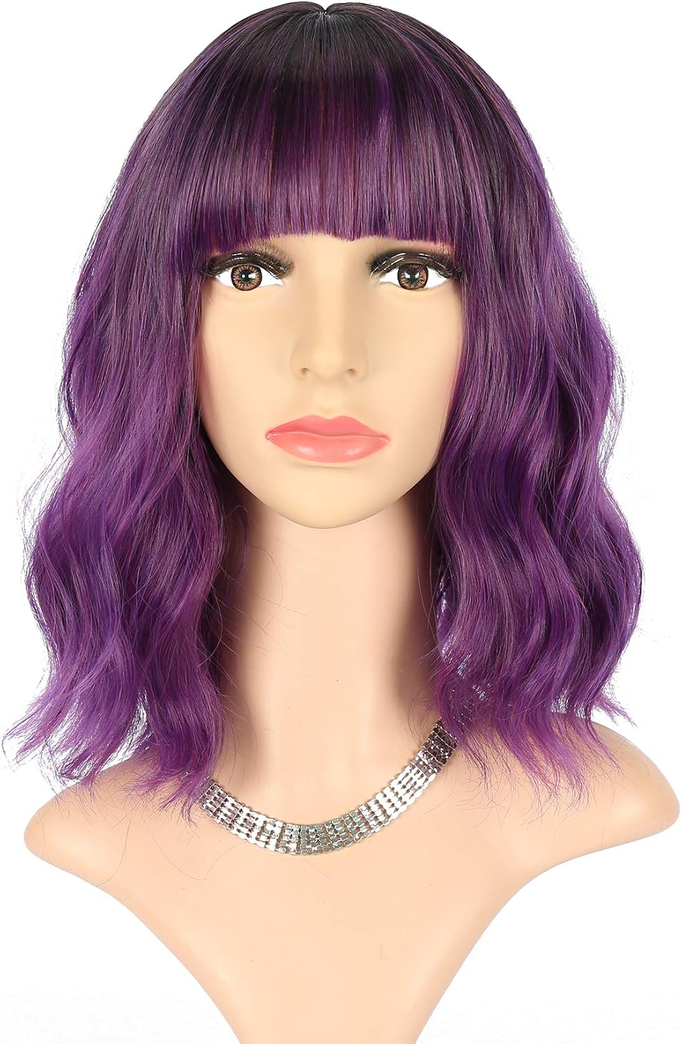 FAELBATY Purple Wig With Bangs Short Bob Synthetic Cosplay Wig for women Costume Wigs (12" Ombre Dark Purple Color)
