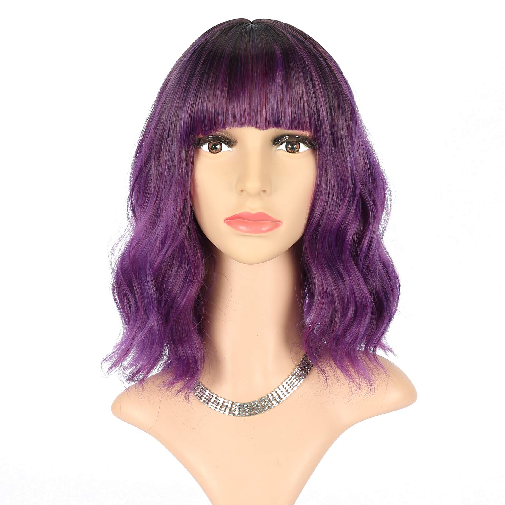 FAELBATY Purple Wig With Bangs Short Bob Synthetic Cosplay Wig for women Costume Wigs (12" Ombre Dark Purple Color)