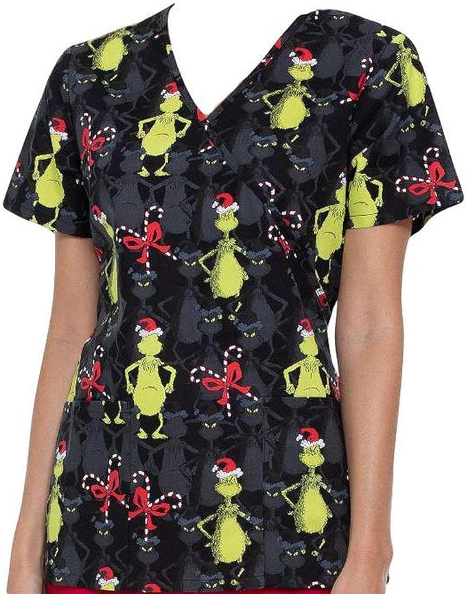 Womens Holiday Scrub Top Grinch Christmas Mock Neck Licensed (Small