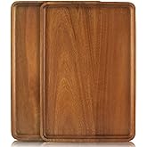 2 PCS Solid Acacia Wood Serving Trays 16 * 12 inch Rectangular Wooden Serving Platters Natural Wooden Boards for Bar Coffee Party