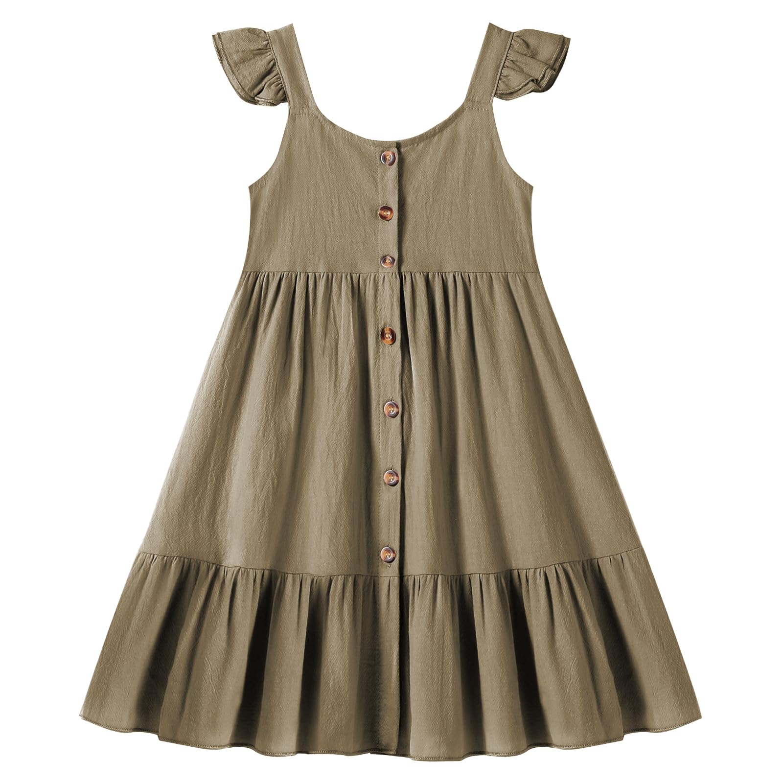 Photo 1 of TATAKERI Toddler Baby Girls Summer Dress Ruffle Halter Sleeveless Casual Little Girl Dress with Button 18M-6T Khaki