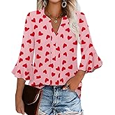 Roshop Elegant Valentines Blouse Women's Dressy V Neck Ruffle Sleeve Cute Hearts Blouses Tops