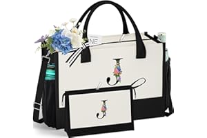 QLOVEA Initials Canvas Tote Bag & Makeup Bag with Zipper Pocket Adjustable Strap, Personalized Birthday Gift for Women