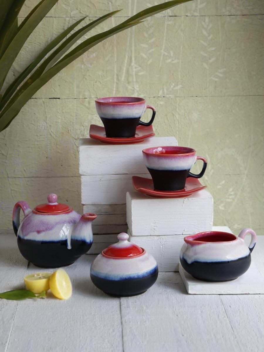 Store Indya Studio Pottery Handcrafted Set of 7 Tea Set With Red Drip Glaze Pattern