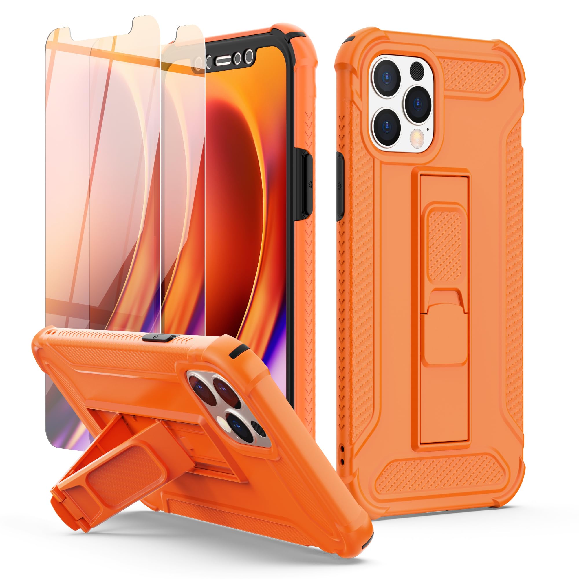 ORETECH for iPhone 12 Pro Max Case, [2 x Tempered Glass Screen Protector] [Built-in Kickstand] [Military Grade Shockproof] 4 in 1 Full Body Protective Silicone Bupmer Hard PC Phone Case Cover - Orange — image 1