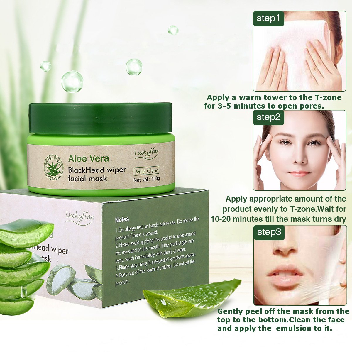 LuckyFine Aloe Vera Peel Off Facial Mask - Blackhead Removal - Purifying Deep Cleansing - Acne Treatment - Oil Control - Facial Moisturizing - Face Whitening - Soothing & Moisture Skin : Beauty