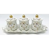 Houlu 3 Altar Cups Set, Ceramic Holy Water Offering Cup, Tibetan Buddhist Worship Cup (White)