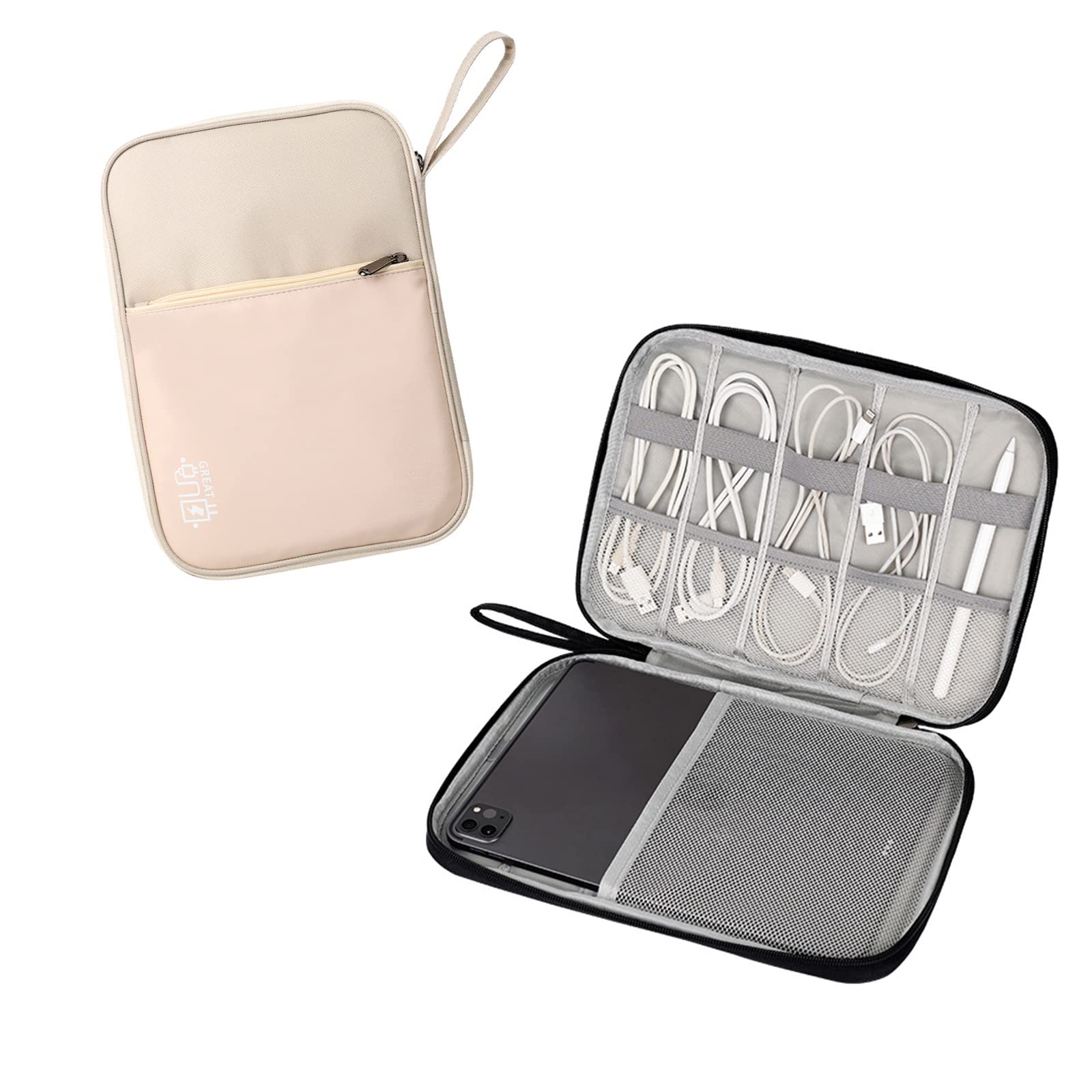 Hosoncovy PU Leather Electronic Accessories Travel Storage Bag Cable Organizer Bag USB Flash Drive Case Tablet Case for Ipad Tablet Phone Cables Earphone USB Thumb Stick Drive (White)