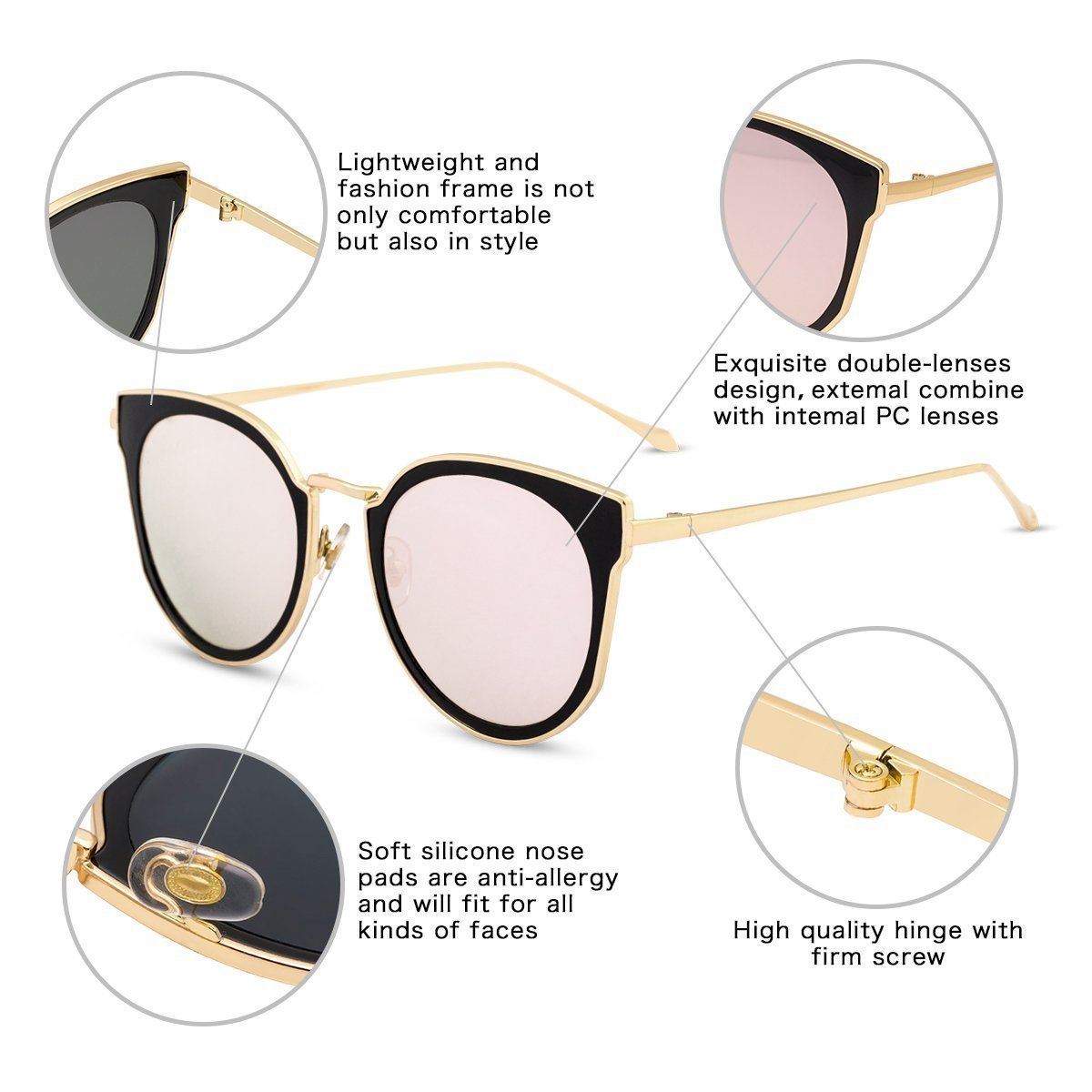 WISH CLUB Cat Eyes Flat Lens Fashion Sunglasses for Women Horn Rimmed with UV 400 Eyewear for Girls Metal Frame Sun Glasses (Pink3) 8059