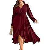 RWJ Women's Plus Size Wedding Guest Maxi Dress Wrap V Neck Long Sleeve High Low Ruffle Cocktail Fall Dresses