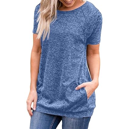 Damen T-Shirt Forh Sommer Casual Kurzarm Tops Lose Blusen Tuniken mit Taschen Frauen Rundhals Hemd Sweatshirt Oberteil Basic 