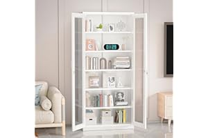 VINGLI Lockable Display Cabinet with Glass Doors & 5 Adjustable Shelves, 71" Tall White Metal Storage Cabinet Curio Liquor, Bookshelf Bookcase for Home Office Living Room Pantry Garage