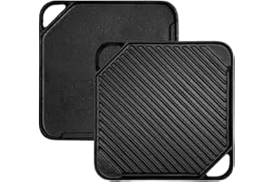 Brightalk Cast Iron Reversible Grill/Griddle, 10.5-Inch Double Handled Cast Iron Stovetop Grill/Griddle, Black, BT093