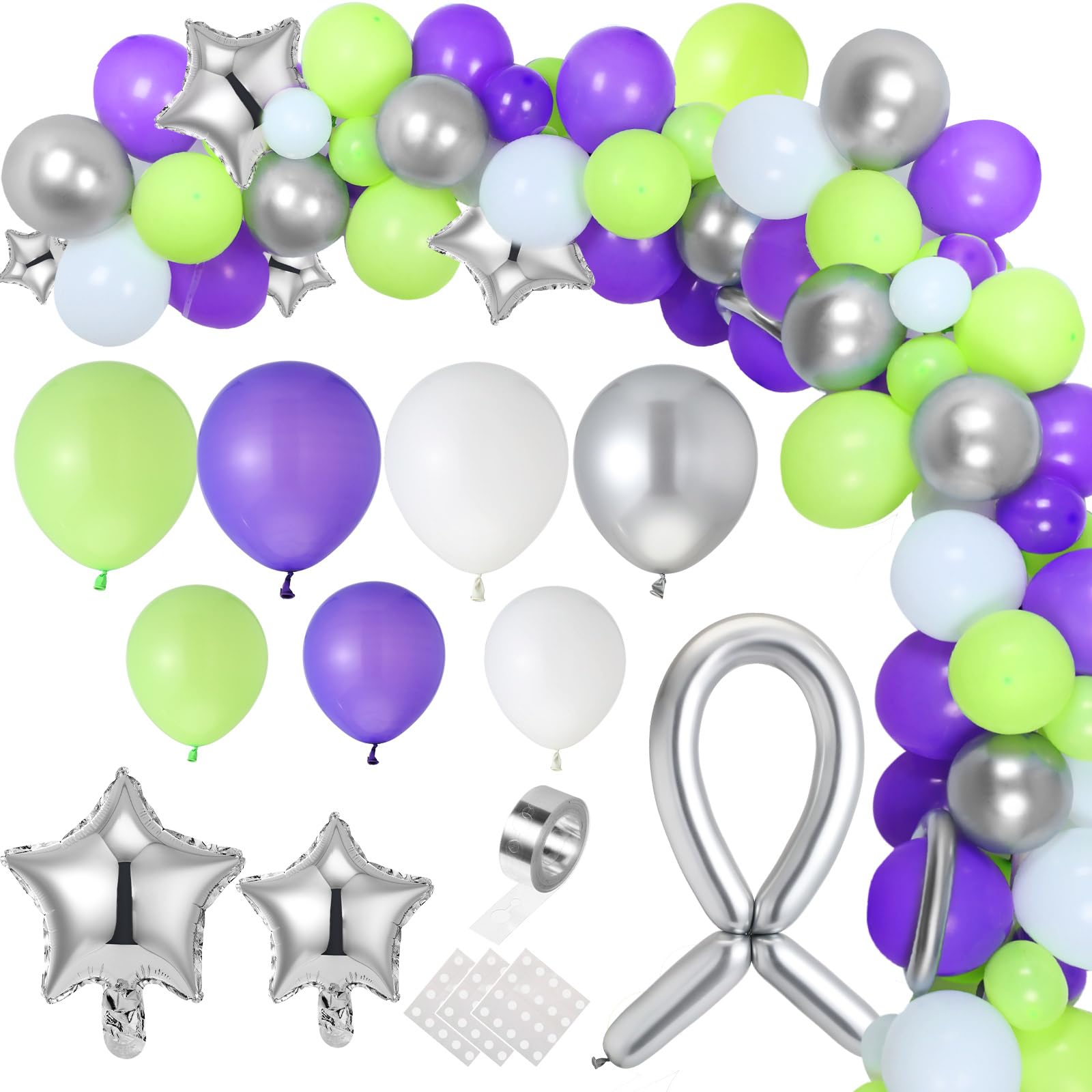 Photo 1 of 134 Pieces Buzz Birthday Party Balloon Garland Arch Kit 10 5 inch Purple Green Silver Star Foil Balloon for Buzz Themed Birthday Party Decorations