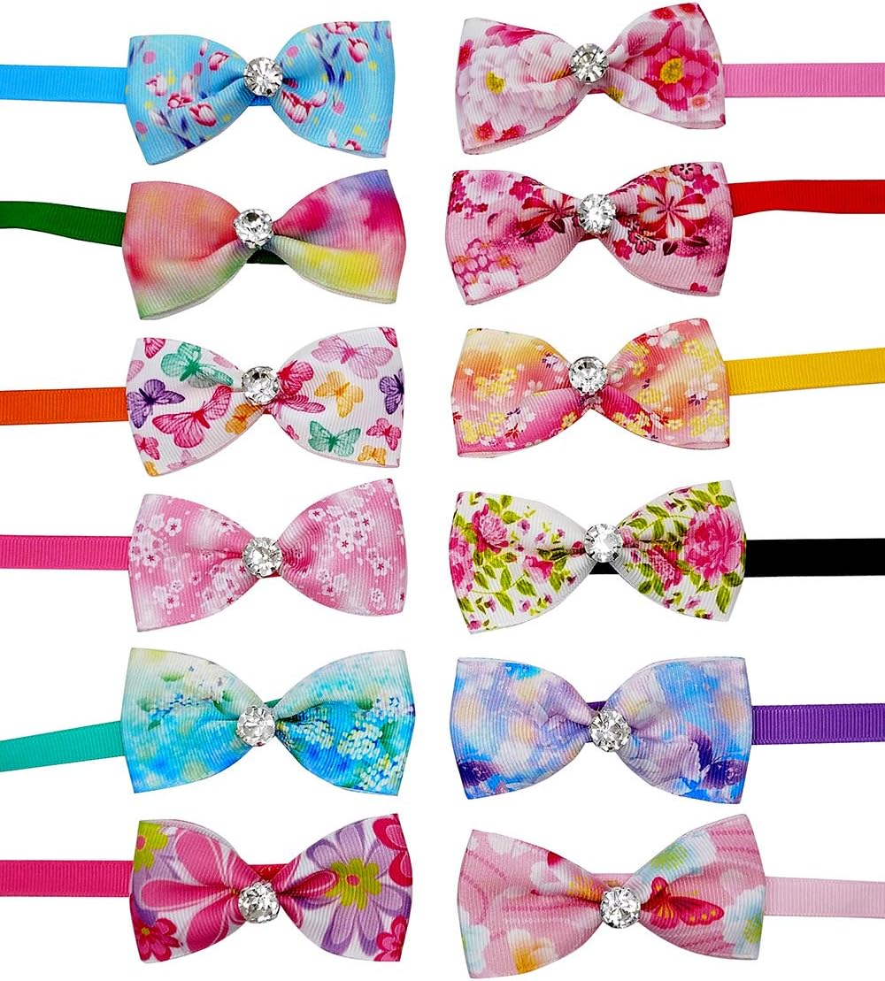 12pcs Pet Bowties Dog Bow Ties Neck Bows with Glittery Rhinestone Adjustable Neckties Collar for Small Medium Puppy Doggy Cats Animals Grooming Accessories