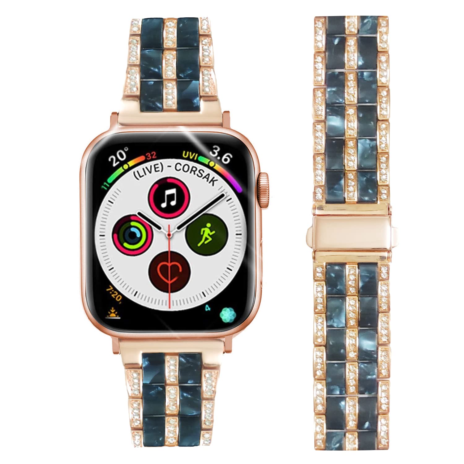 DEALELE Strap Compatible with iWatch 38mm 40mm 41mm, Luxury Resin Rhinestone Metal Replacement Bands for Apple Watch Series 9/8 / 7/6 / 5/4 / 3 / SE/Ultra Women Men (Rose-Ink blue)