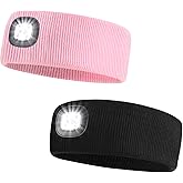 SUNPRO 2 Pack Sports Headband with LED Light, Beanie with Light, Unisex Knit Lighted Hat, USB Rechargeable Headlight Cap, Warm Winter Gifts for Men and Women