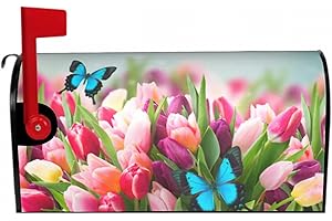 APORTT Spring Tulip Mailbox Covers Magnetic Standard Size 21x18 Inch Outside Spring Flower Butterfly Mail Box Covering Waterproof Fade-Resistant Decorative Mailbox Post Wrap for Outdoor Garden Yard Decor