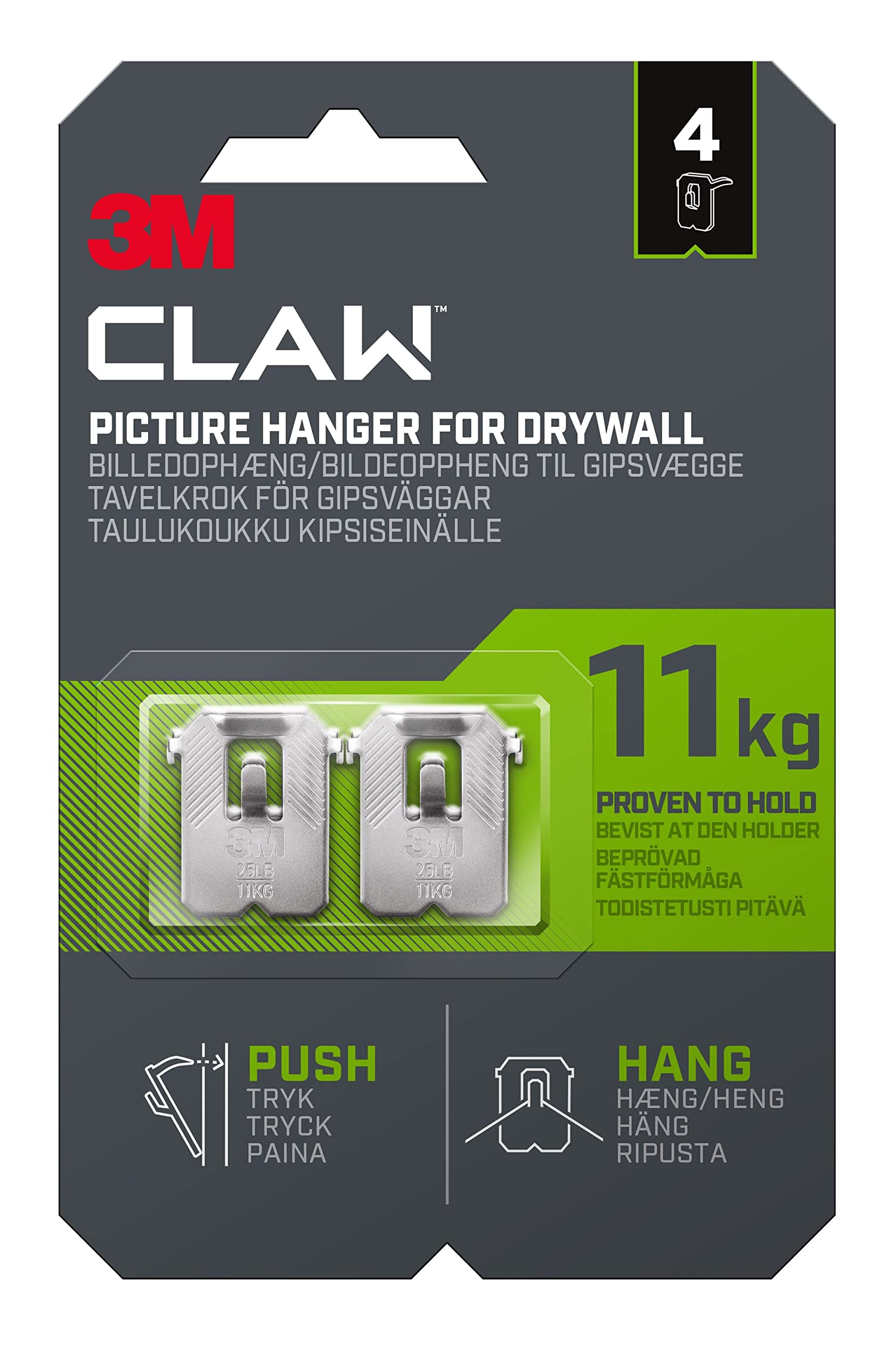 3M Claw Plasterboard Picture Hanging Wall Hooks For Hanging Home Décor, 4 Hangers, Holds up to 11 kg - Ideal for Heavyweight Items