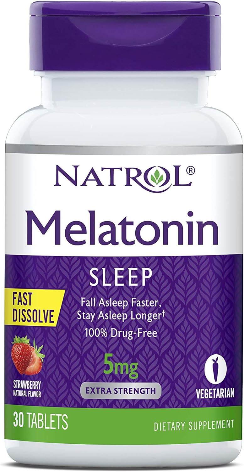 Natrol Melatonin Fast Dissolve Tablets, Helps You Fall Asleep Faster, Stay Asleep Longer, Easy to Take, Dissolves in Mouth, Faster Absorption, Maximum Strength, Strawberry Flavor, 5mg, 200 Count: Health & Personal Care