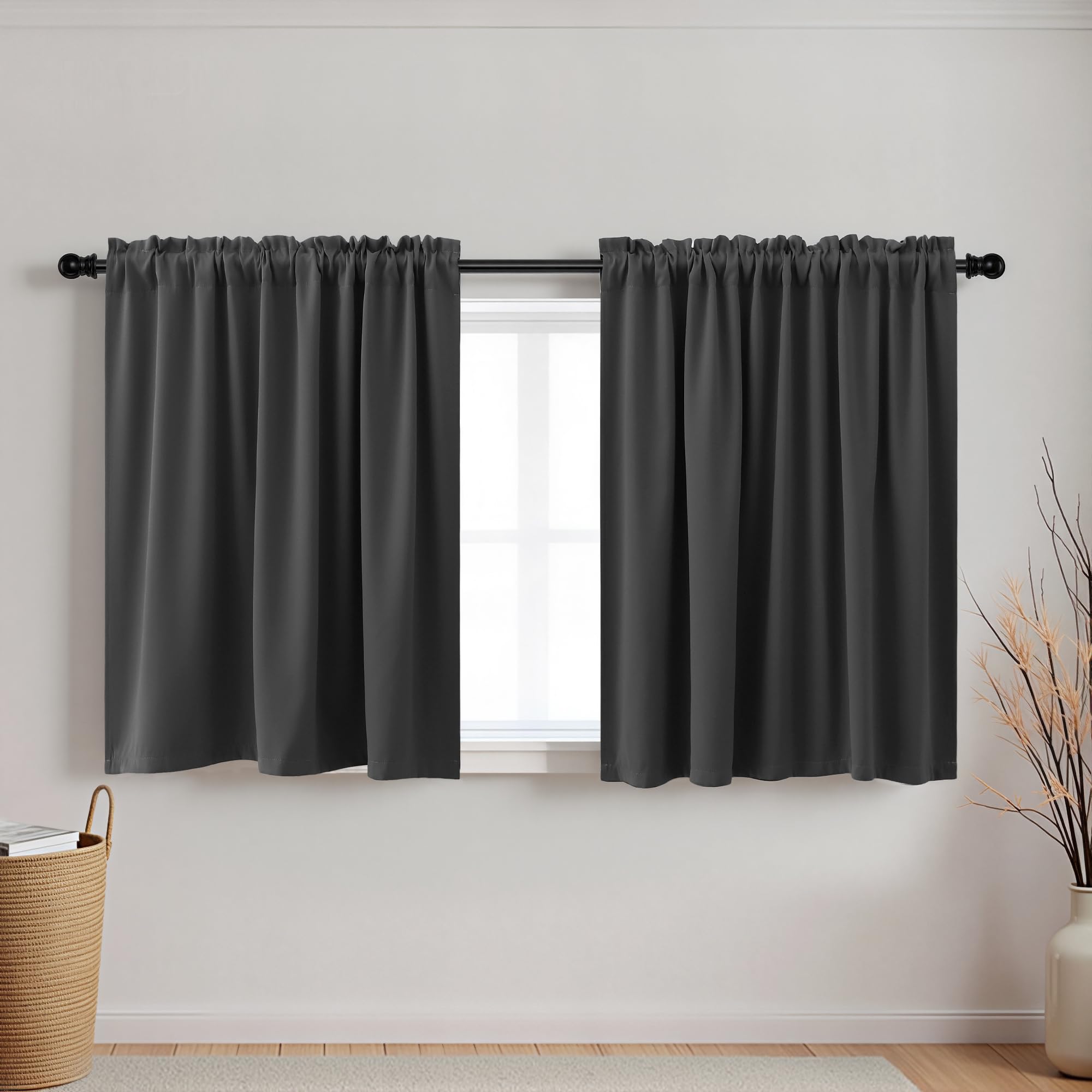 KOUFALL Half Curtains for Windows Blackout Rod Pocket Small Room Darkening Short Curtains for Living Room Bathroom Dark Gray Width 34 X 30 Inch Length