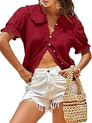 Tankaneo Womens Puff Sleeve Shirts Peter Pan Collar