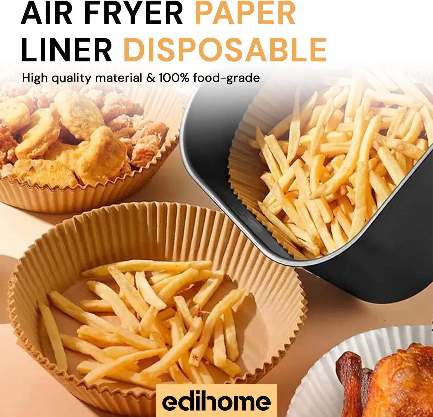 edihome, Backpapier für Heißluftfritteuse, fur Air Fryer, 100 Stück, 22x14 cm, Rechteckig, BPA Free, Zubehör Heissluftfritteuse, Einweg, für Backofen, Brown 3