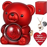 Cute Teddy Bear with Preserved Rose, Hidden Surprise Necklace Rotating Gift Box Valentines Day Gifts for Her, Romantic Eternal Rose Flowers for Birthday, Wedding, Anniversary, Mother’s Day