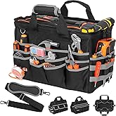 Heavy Duty Tool Bag, 17 Inch Tool Bags for Men with Multi-Pockets, Waterproof Tool Box Organizer Storage Bag with Adjustable Shoulder Strap, Soft Handle, Durable Zipper for Men, Dad (Black-Grey)