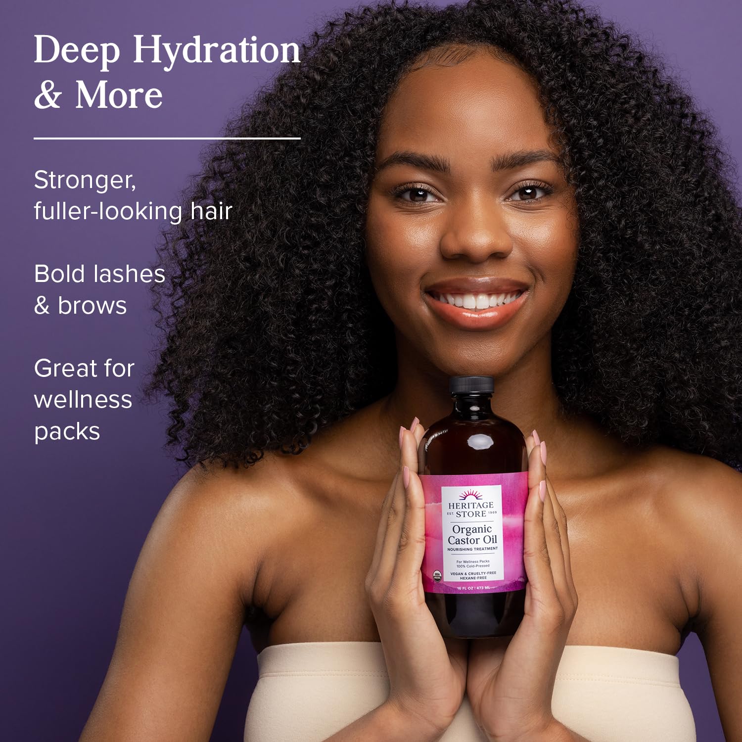 HERITAGE STORE Organic Castor Oil - Nourishing for Hair & Skin | Glass Bottle | Eyelash Serum | for Eyelashes, Brows | Castor Oil Packs | Cold Pressed | Hexane Free | Vegan | 16oz