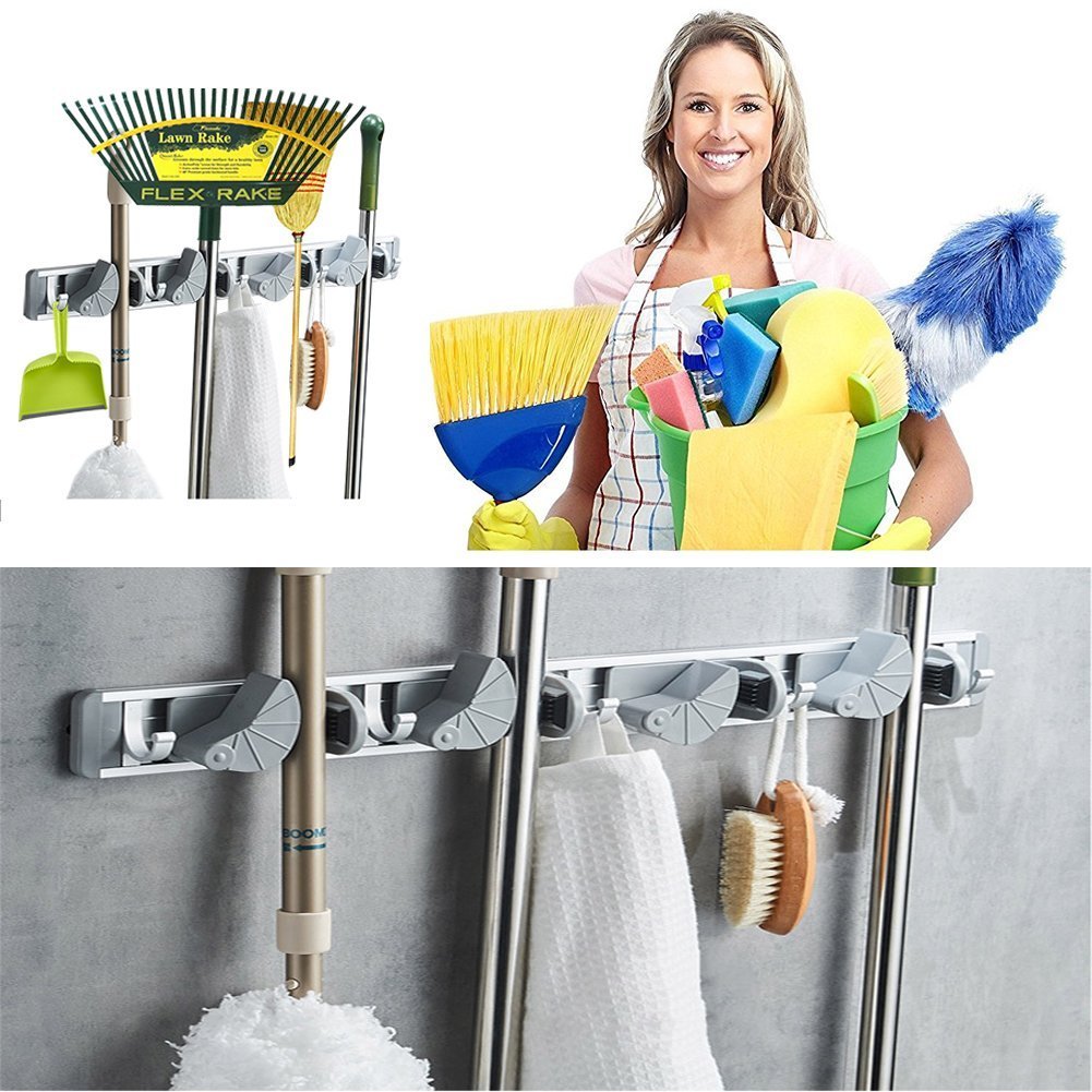 Multi-functional Mop Rack Senior Aluminum Clip On Broom Holder and Garden Tool Organizer for Rake or Mop Handles and Many Handy Tools 9 in 1 (Silver and Gray)