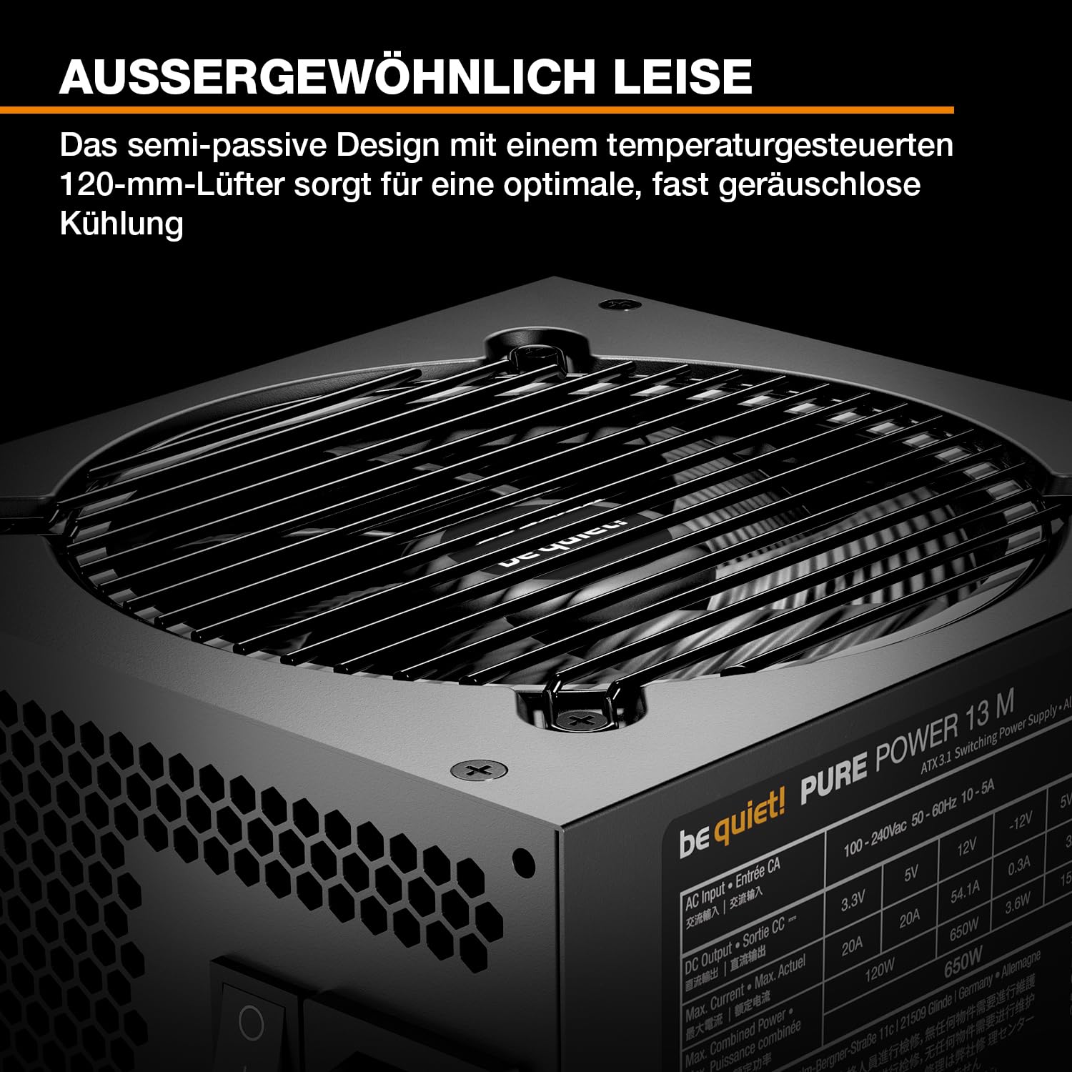 be quiet! Pure Power 13 M 650W Netzteil, 80 Plus® Gold Effizienz, ATX 3.1-Netzteil, für PCIe 5.1 GPUs, 120mm be quiet! Lüfter, semi-passiver Betrieb möglich, LLC-Technologie, Single-Rail 2