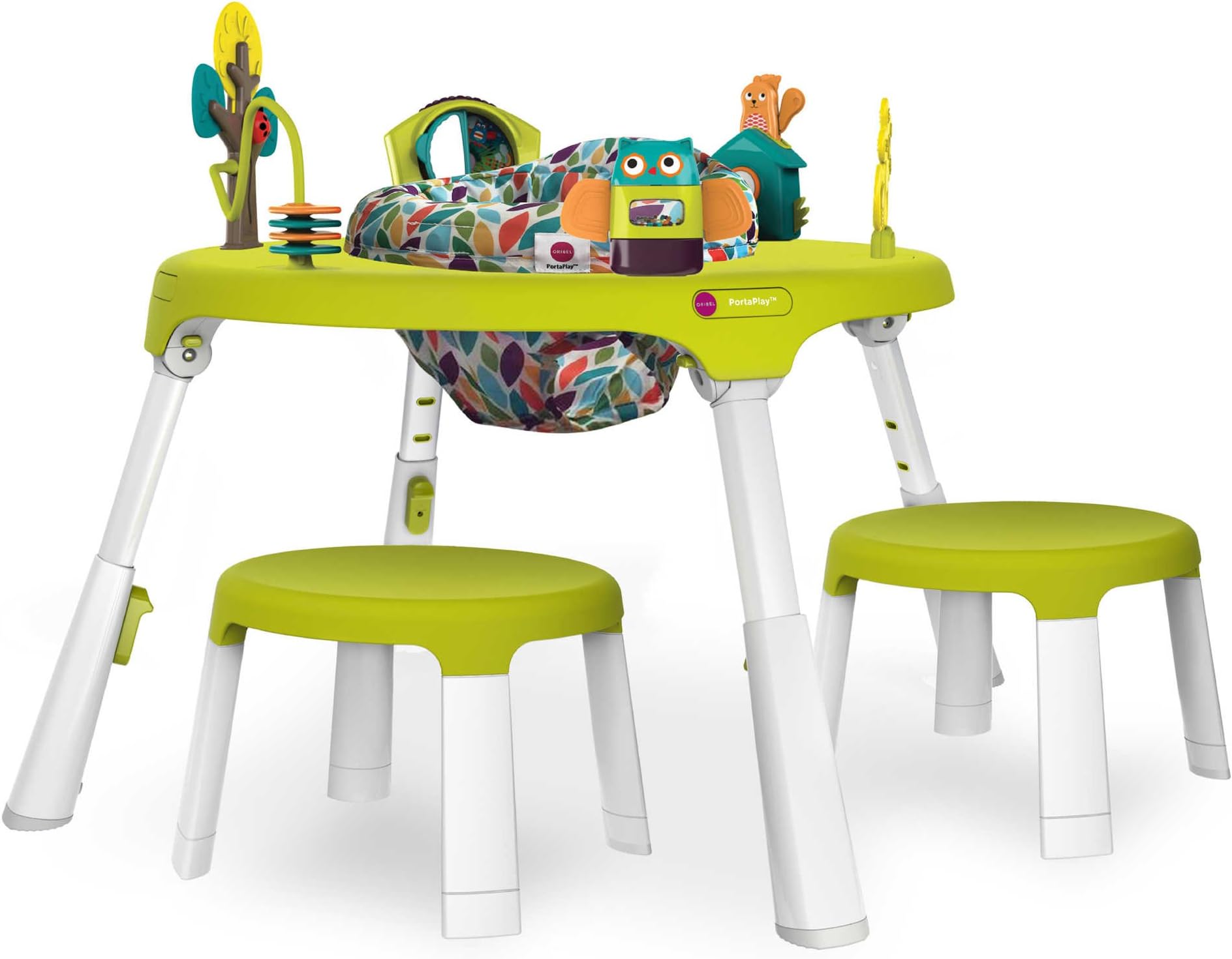 Oribel PortaPlay Forest Friends 4-in-1 Foldable Activity Center, Turn, Bounce, Play with Easy Clip-On Toys and Matching Stools in Green