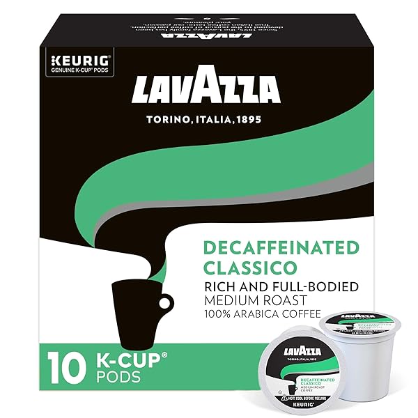 LAVAZZA CLASSICO DECAF SINGLE-SERVE COFFEE K-CUPS FOR KEURIG BREWER, MEDIUM ROAST, 10 COUNT BOX ,RICH AND FULL-BODIED FLAVOR DELIVERS A UNIQUELY INTENSE AROMA OF DRIED FRUITS, 100% ARABICA COFFEES