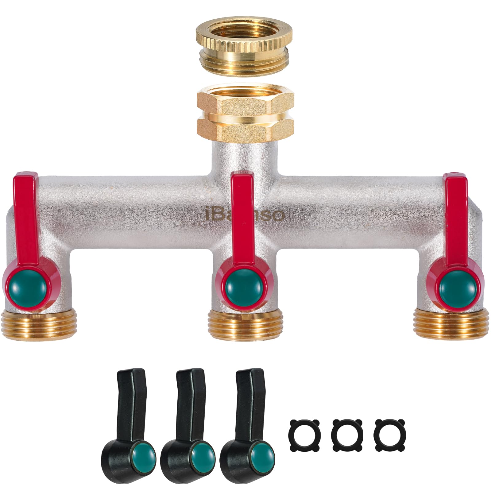 iBamso Brass Garden Hose Splitter, 3/4 Inch 3 Way Tap Diverter High Flow Outlet with Individual Valve and Extended Handle, Pipe Tap Splitter for Home Outdoor Faucet