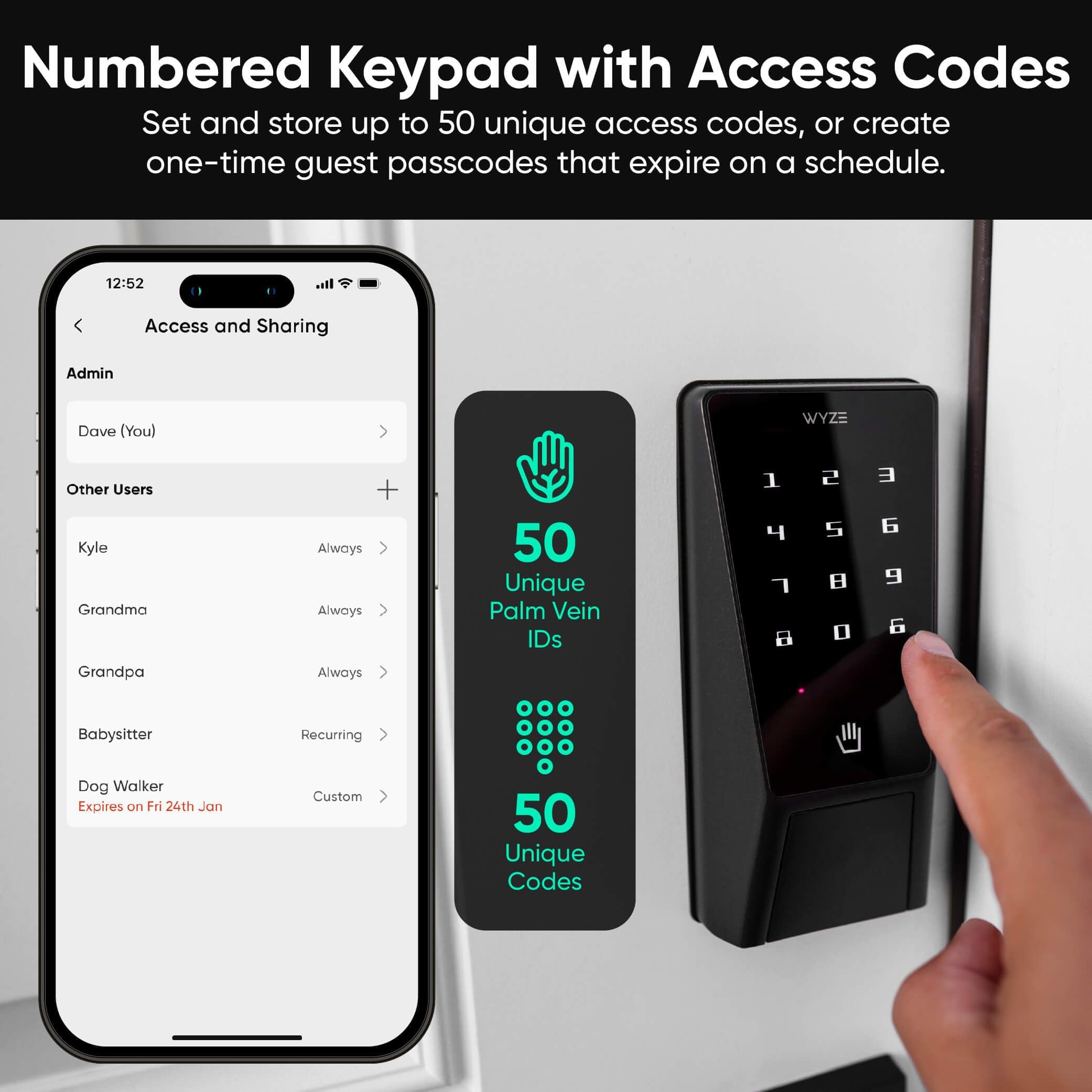 Wyze Palm Lock, Smart Door Lock with Palm Vein Recognition, Keyless Entry Smart Locks for Front Door, Keypad, Auto Lock, Dual Battery, Wi-Fi, Works with Alexa & Google, BHMA, IP53, Mechanical Key