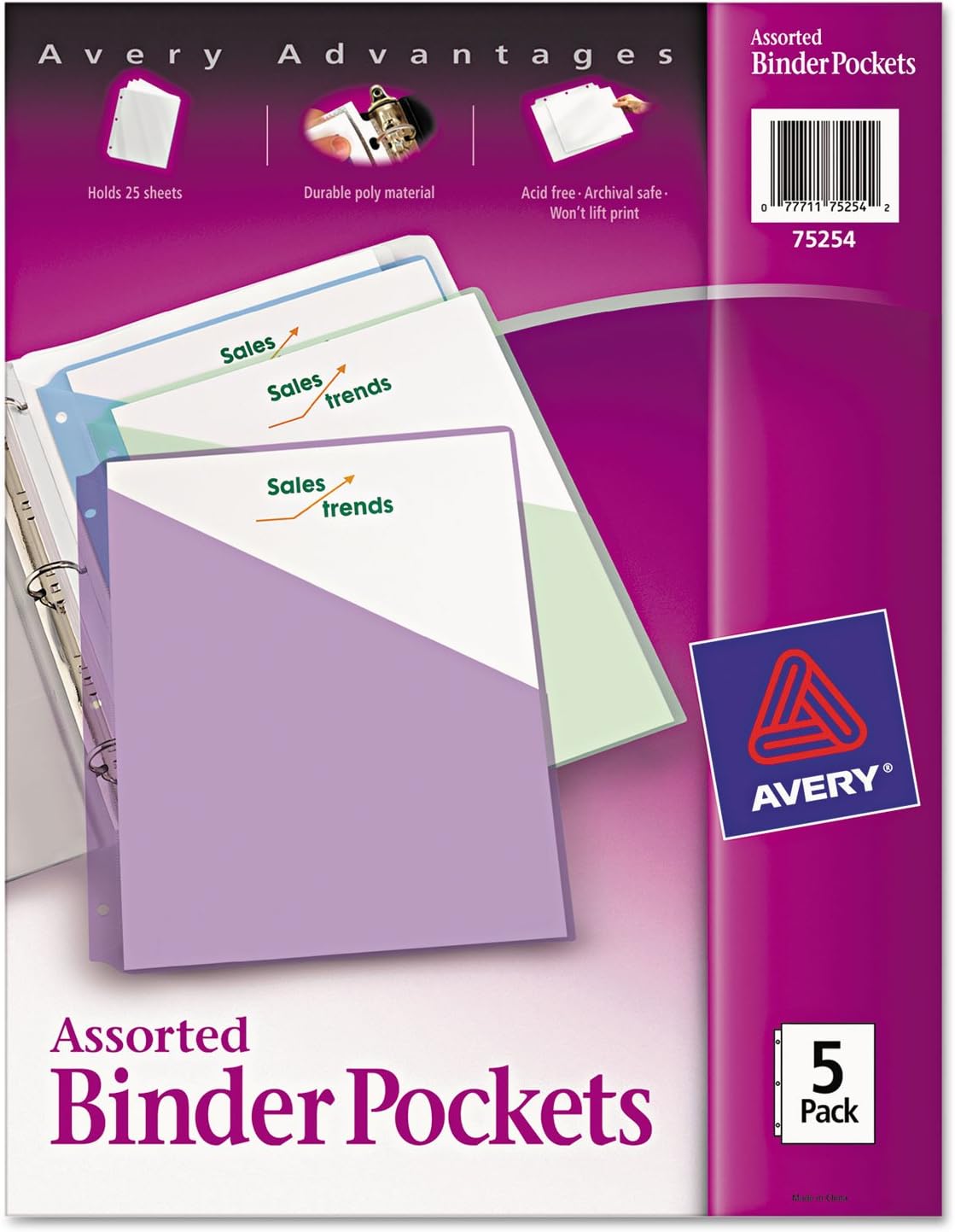 Avery Binder Pockets, Assorted Colors, 8.5" x 11", Acid-Free, Durable, 5 Slash Jackets (75254)