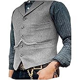 DREFEEL Mens Classic Wool Tweed Suit Vest Casual Sleeveless Jacket Herringbone Waistcoat for Tuxedos for Tuxedos