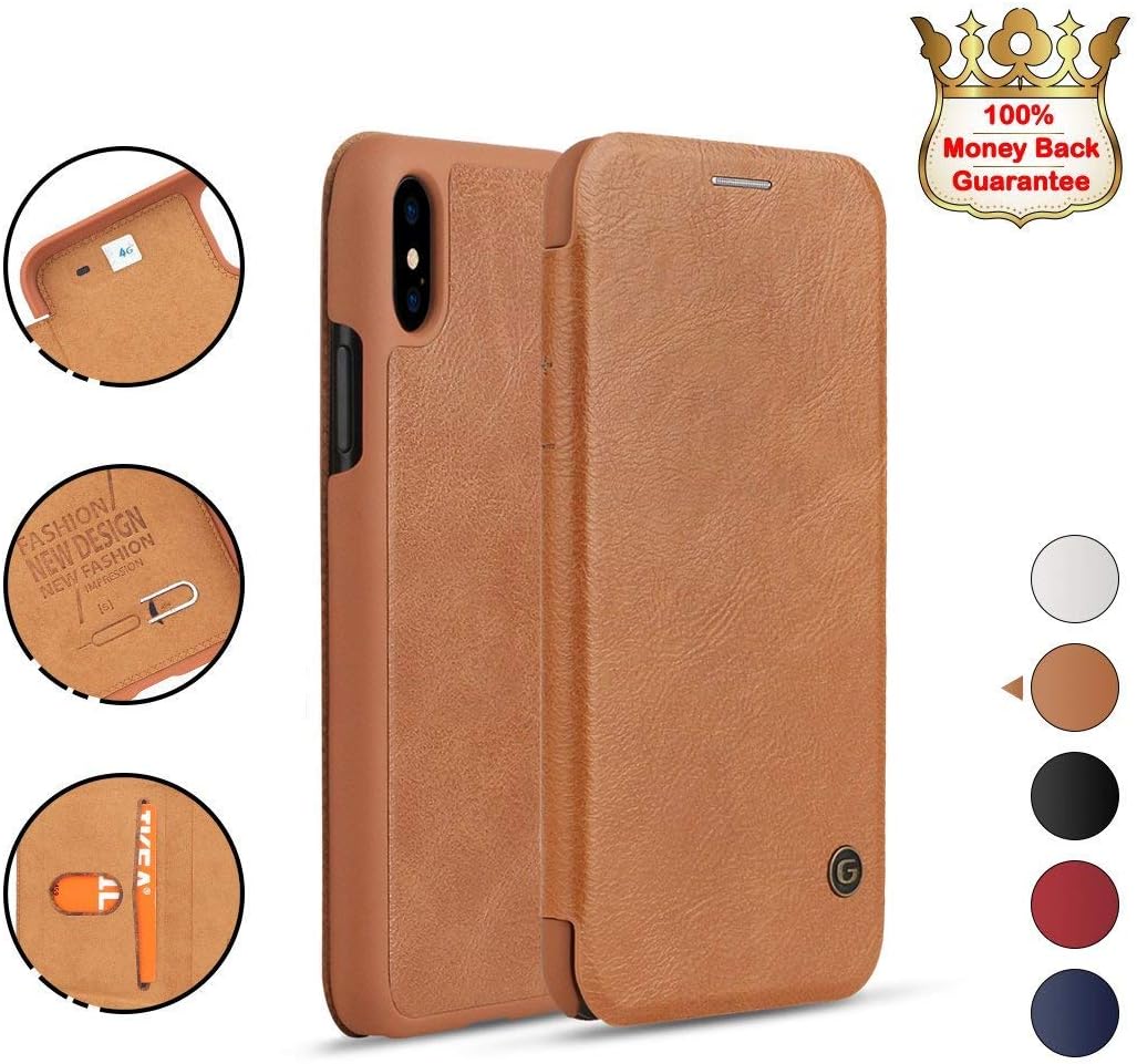 NXET® Leather Case for iPhone XS, G-Case Premium Gulort Leather Flip Cover Wallet Card Case for Apple 6.5'' (iPhone XS Max, Brown)