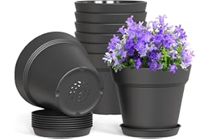 WSMKSZ 4 Inch Plastic Plant Pots with Drainage Holes and Trays – 8 Pack Small Nursery Pots for Indoor & Outdoor House Plants and Flowers, Seedling Starter Planters, Matte Black