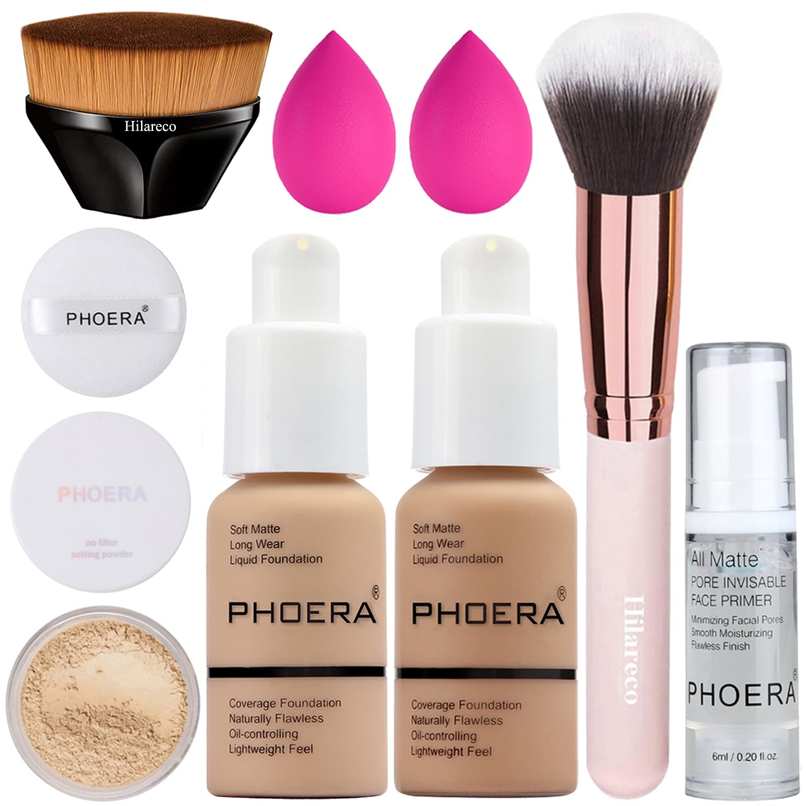 PHOERA Makeup Set - Full Coverage Foundation, Kabuki Brushes, Powder, Primer, 2 Pcs Makeup Sponge (Buff Beige + Sand)
