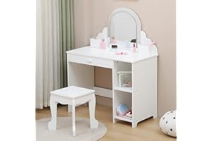 Garvee Girls Vanity Set with Lighted Mirror and Stool, Kids Makeup Vanity Table for Ages 3-9, 3 LED Light Modes, Storage Draw