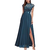 Miusol Women's Elegant Sequin Lace Contrast Chiffon Split Style Evening Party Maxi Dress