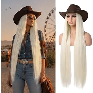 HOOJIH Cowboy Hat Wig with 36 Inch Long Straight Hair Attached for Women | 36 inch long straight Hair Western Cowboy Cowgirl