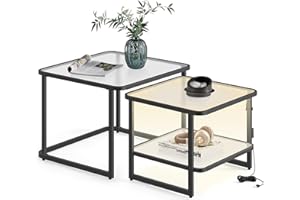 VASAGLE Nesting Tables Set of 2, Frosted Glass Coffee Table with LED Lights, Modern Square Side Tables with Bottom Shelf, for Living Room, Bedroom, Office, Cloud White and Ink Black ULCT246B01