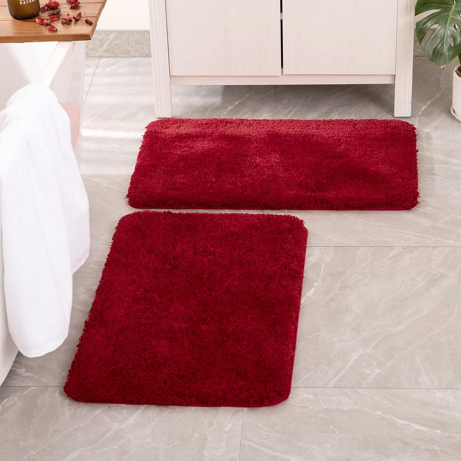 Rugs, Pads & Protectors - MIULEE Set of 2 Non Slip Shaggy Bathroom Rugs Extra Thick Soft Christmas Bath Mats Plush Microfiber Absorbent Water for Tub Shower Machine Washable (Red, 16x24 inches)