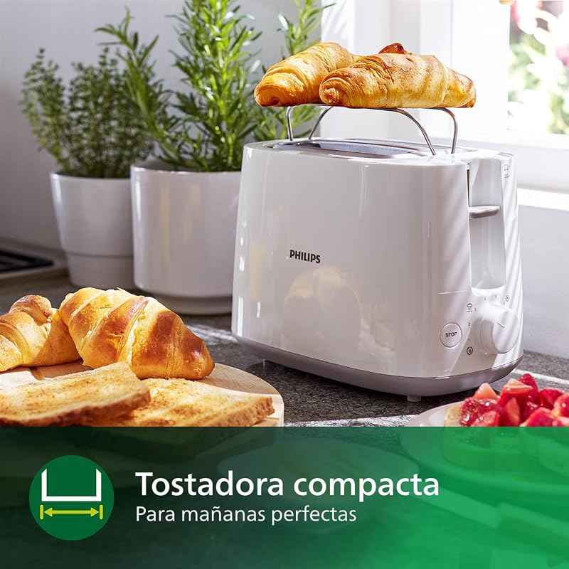 Tostadora de pan 2 Ranuras, 8 Ajustes, Calientabollos, Blanco